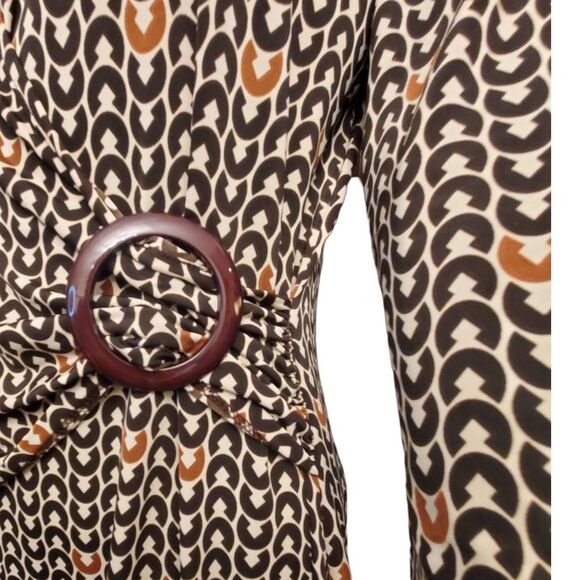 UNYX Women’s Faux Wrap Dress – Size L – Geometric Print, Long Sleeve, Belt Ring - Picture 5 of 9